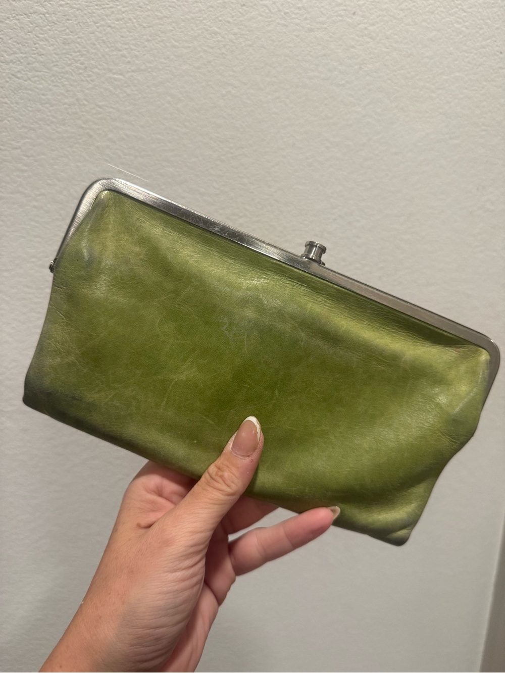 HOBO International Olive Green Leather Kiss Lock Clutch Wallet